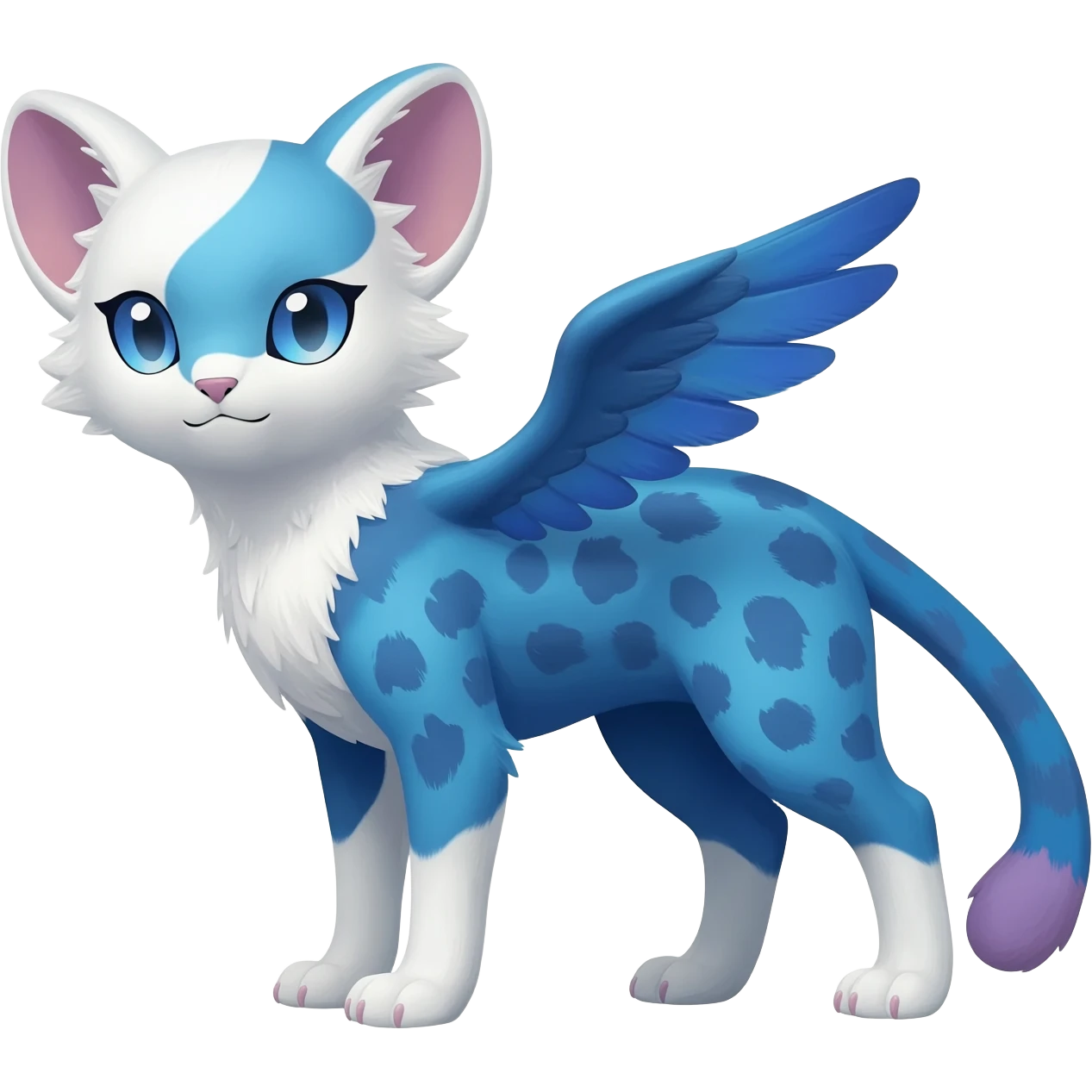 Winged hyper-realistic Feral Rare realistic edgy cute, white, blue, beautiful handsome gorgeous aesthetic colorful vibrant Vernid-Trico-Silvally-Nargacuga-Gryphon-Snow-Leopard-fusion-hybrid-species-Fakemon-creature by LiLaiRa, splotch-rosettes fur markings, rounded ears, full body emoji