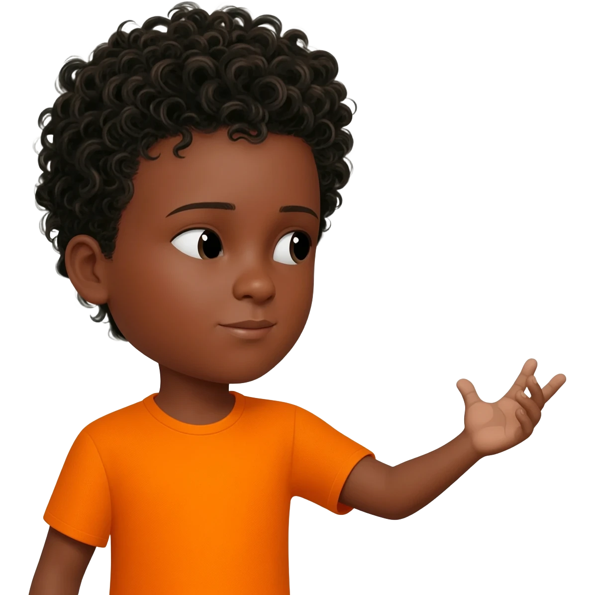 black boy curly hair orange shirt reaching for something emoji