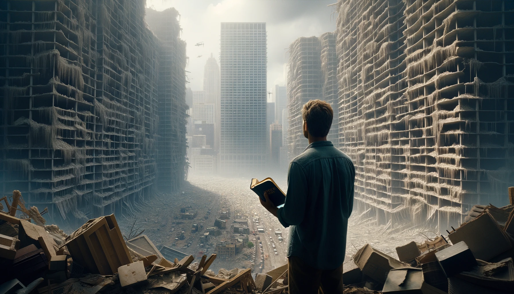 UOMO DI SPALLE DAVANTI AD UNA CITTà SMANTELLATA SENZA MURA CON UNA BIBBIA IN MANO, GUARDA LA CITTà, IPERREALISTICO 4K emoji