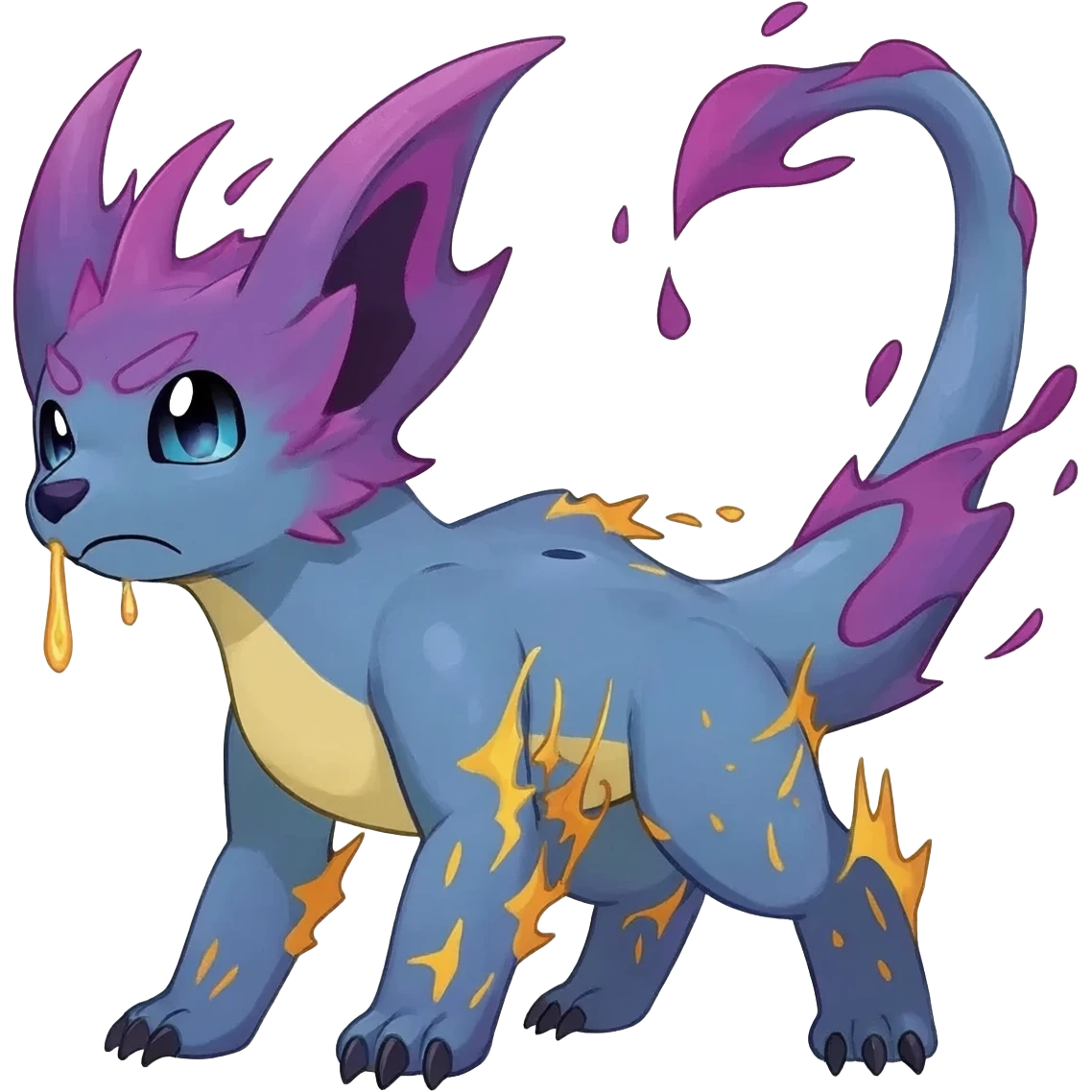 Splash-patterned emotional sparky sparky boom boom painful Meloetta-Guilmon-Salandit-Celebi-Pokémon-Fakémon-fusion-hybrid-creature emoji