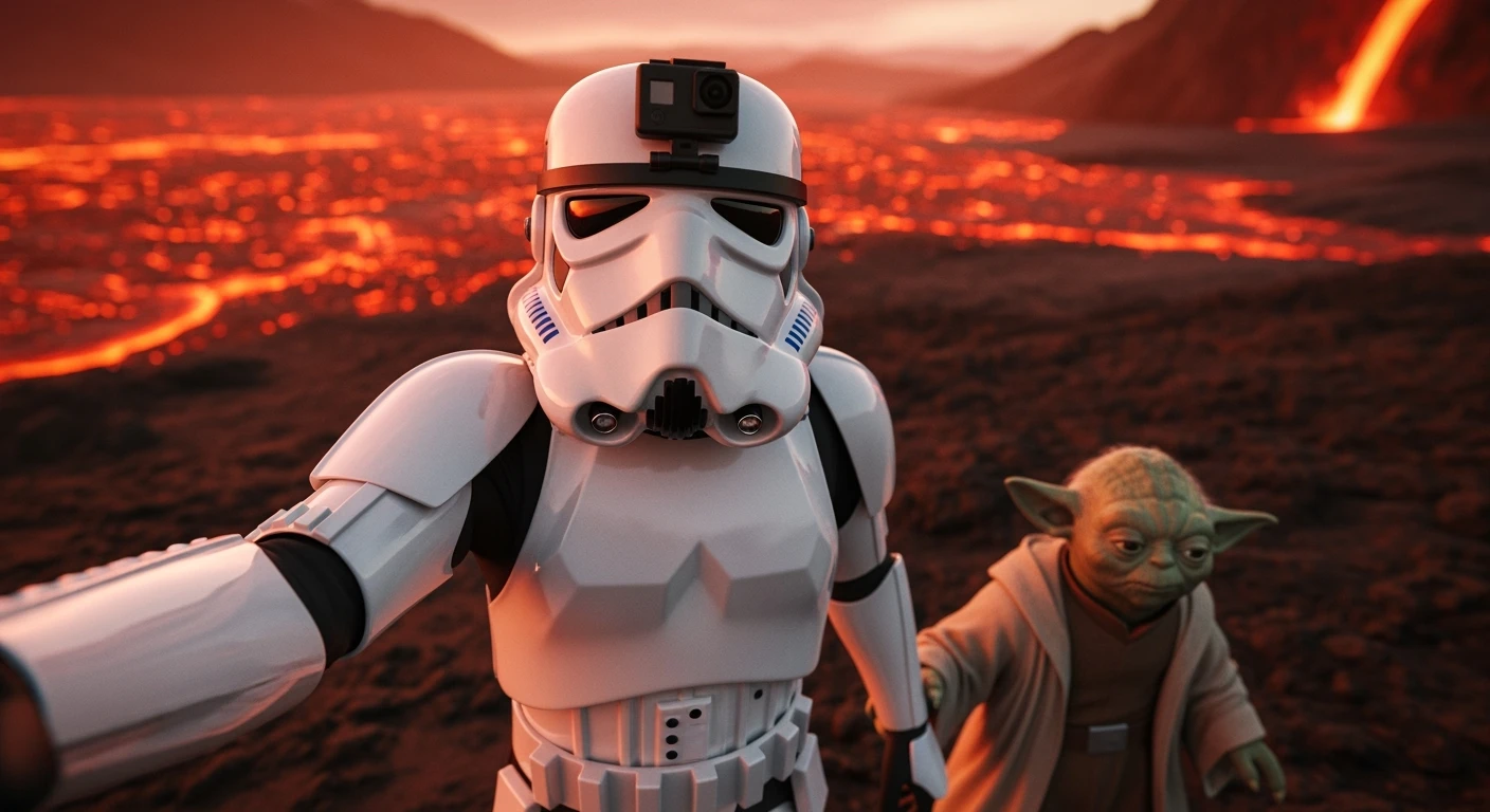 Cinematic still, vlog-style camera angle, Starwars stormtroopers vlogging , he is walking on lava planet with yoda emoji