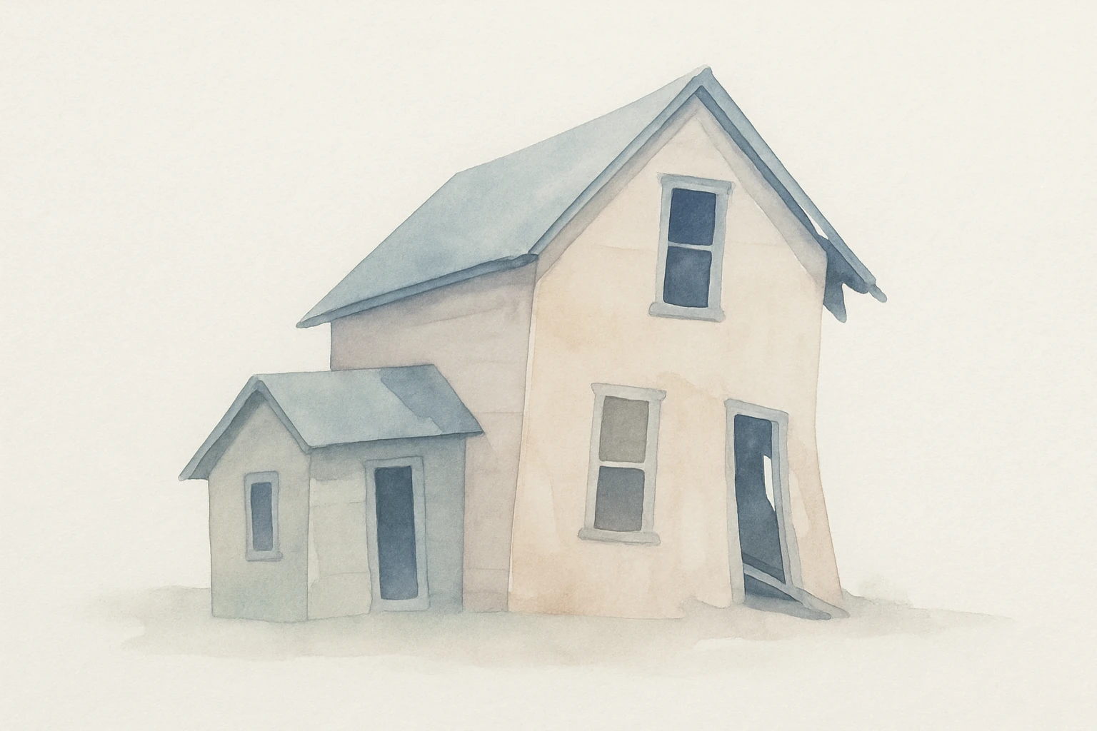broken down house, soft colors, leaning structure, faded paint, watercolor style emoji