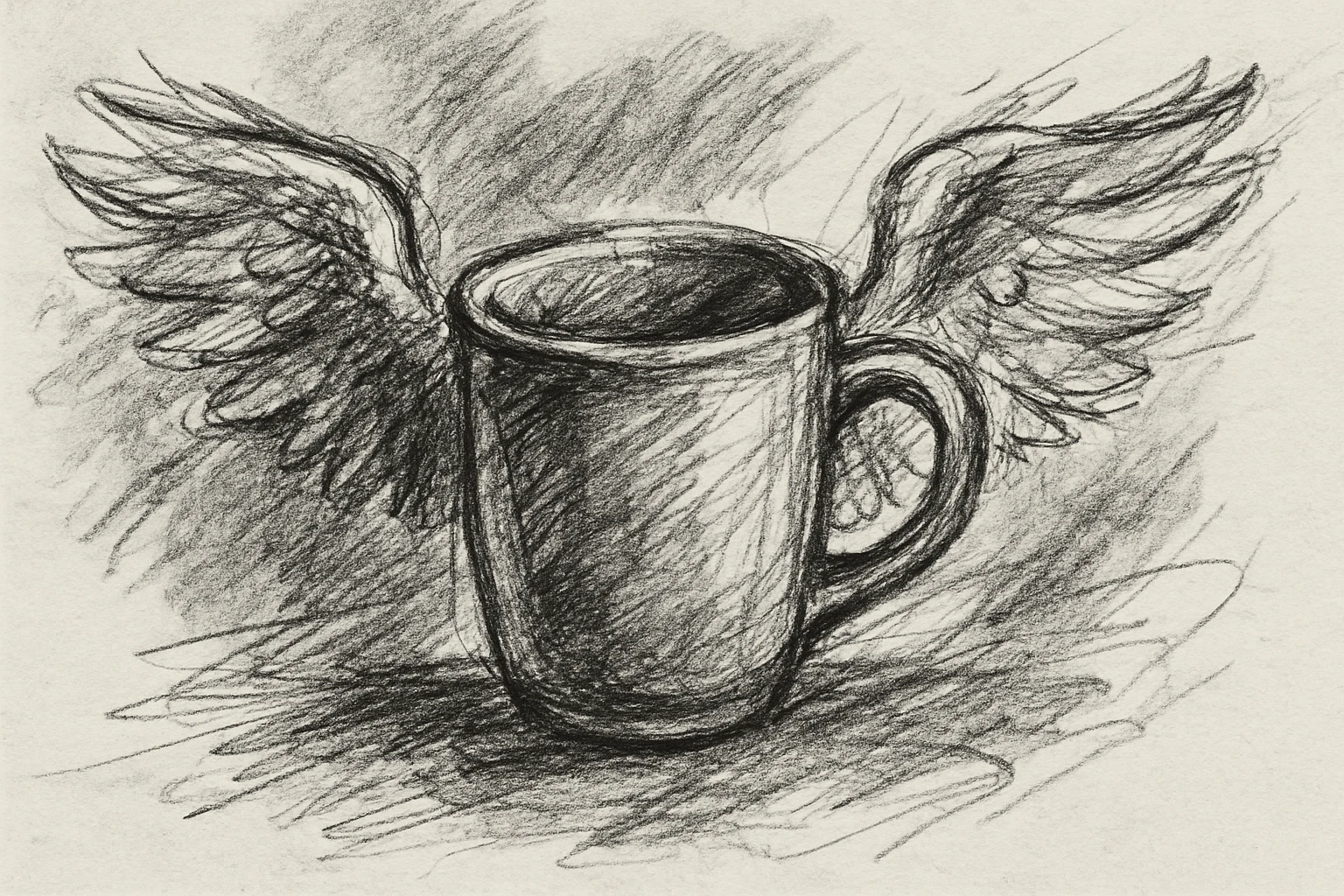 a cup with wings, pencil sketch style, loose lines, sketchbook page emoji