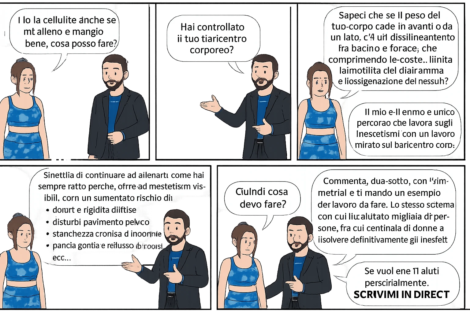 TRASFORMA QUESTO CAROSELLO IN UN FUMETTO CON QUESTE DUE PERSONE IDENTICHE CHE INTERLOQUISCONO TRA LORO:

Ho la cellulite anche se mi alleno e mangio bene, cosa posso fare?

Hai controllato il tuo baricentro corporeo?
Sapevi che se il peso del tuo corpo cade in avanti o da un lato, c’è un disallineamento fra bacino e torace, che comprimendo le coste, limita la motilità del diaframma e l’ossigenazione dei tessuti?
Il mio è il primo e unico percorso che lavora sugli inestetismi con un lavoro mirato sul baricentro corporeo.

Smettila di continuare ad allenarti come hai sempre fatto perché, oltre ad inestetismi visibili, corri un aumentato rischio di:
    • dolori e rigidità diffuse
    • disturbi pavimento pelvico
    • stanchezza cronica o insonnia
    • pancia gonfia e reflusso (bruciore)
    • etc…


Quindi cosa devo fare?
Commenta, qua sotto, con “simmetria” e ti mando un esempio del lavoro da fare. Lo stesso sistema con cui ho aiutato migliaia di persone, fra cui centinaia di donne a risolvere definitivamente gli inestetismi.
Metterei il prima e dopo

Se vuoi che ti aiuti personalmente
SCRIVIMI IN DIRECT emoji