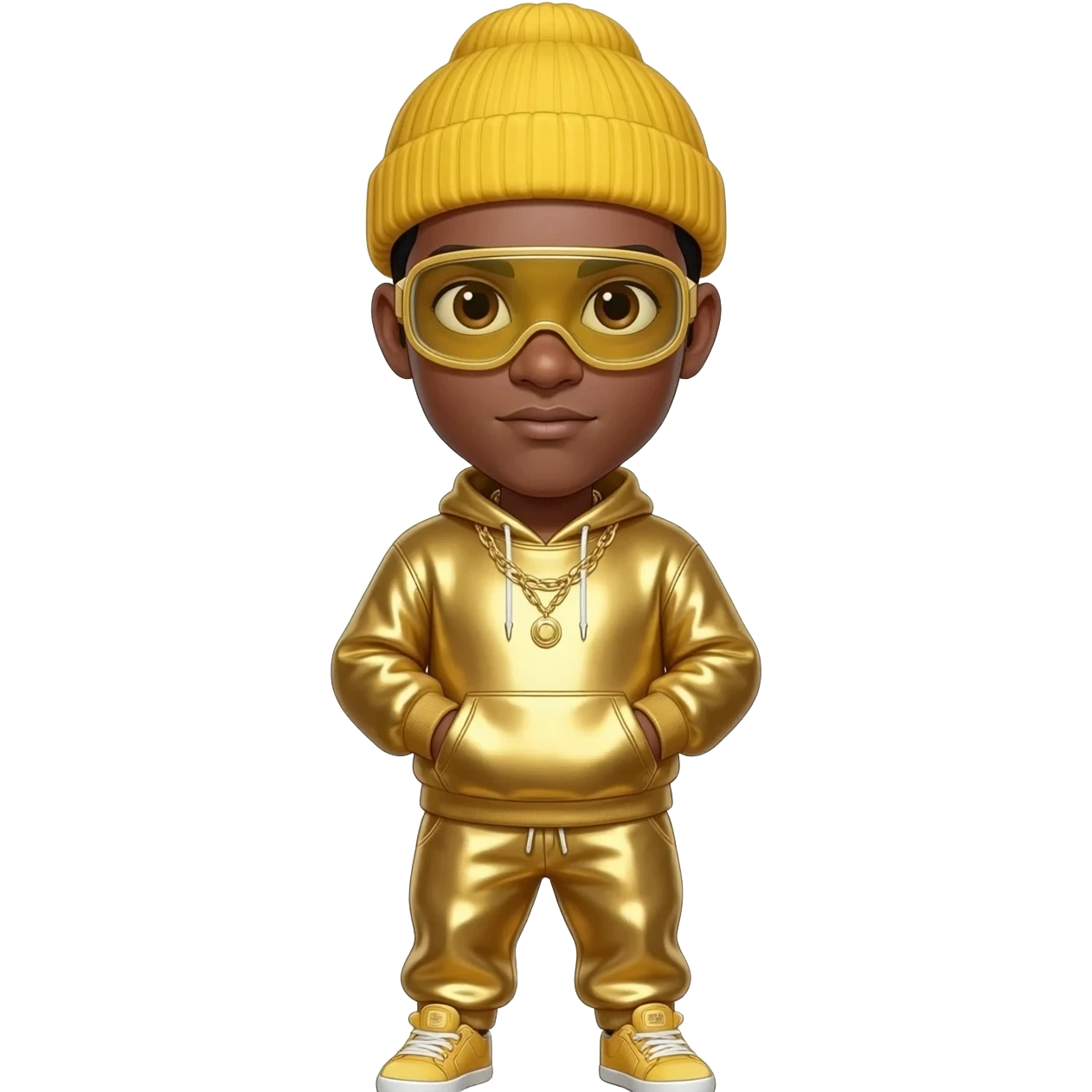 Ali G from Ali G Indahouse with fair skin, brown eyes, black short hair, yellow goggles, yellow beanie, gold metallic sweatshirt, gold metallic baggy sweatpants, gold necklace emoji