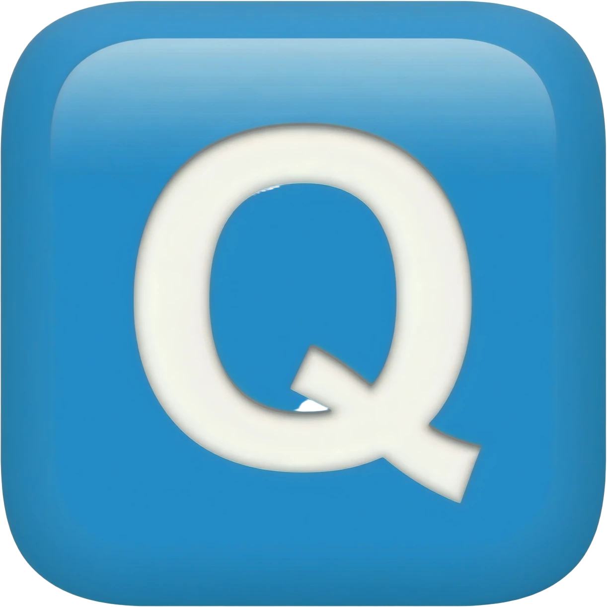 "3D premium,3D rounded-square icon in soft bleu with a beveled edge, bold serif white letter 'Q'centered, strong specular highlights, inner glow, 1024x1024, png" emoji