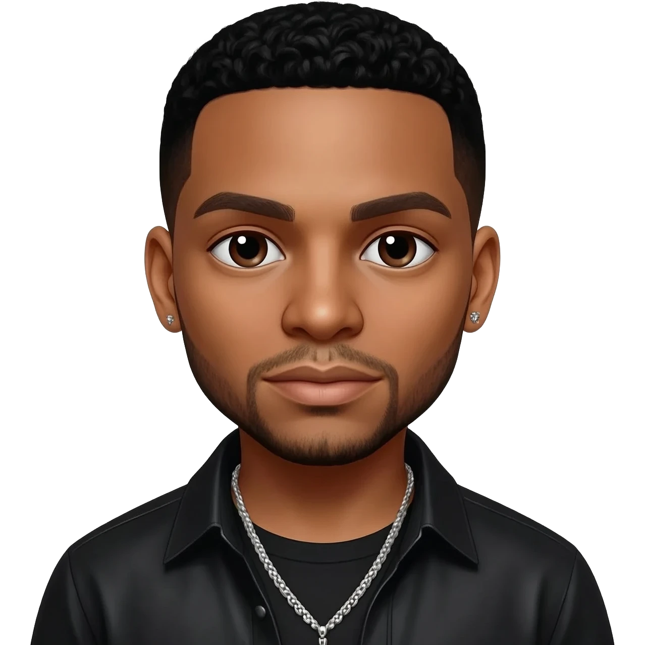 Trey Songz with dark brown eyes, black hair, black metallic shirt, silver necklace and short earrings emoji