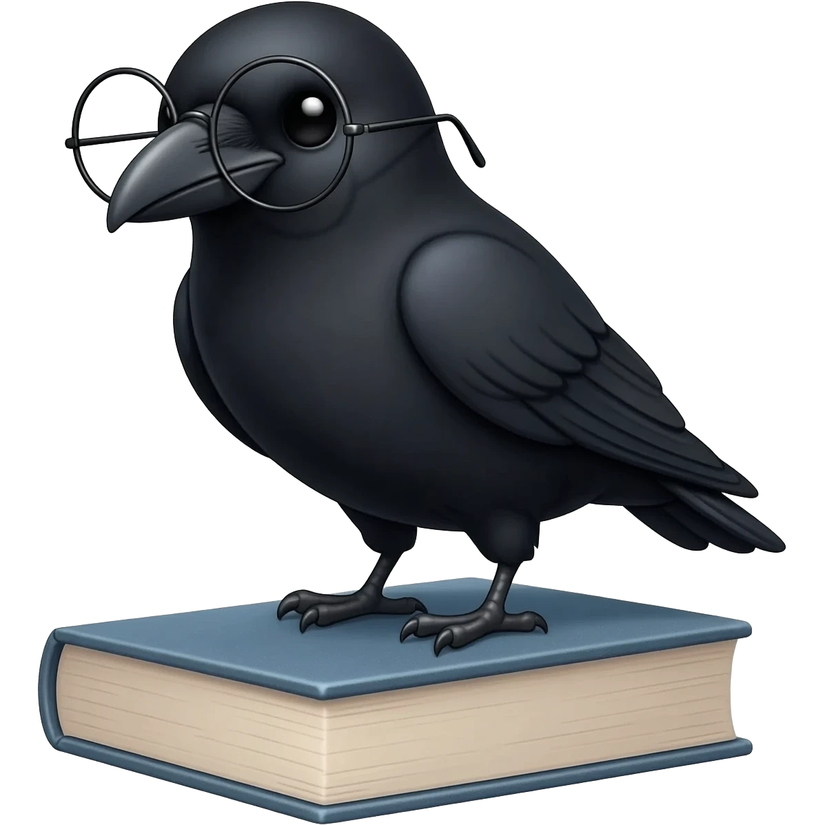 A raven wearing tiny spectacles, standing on a closed book. emoji