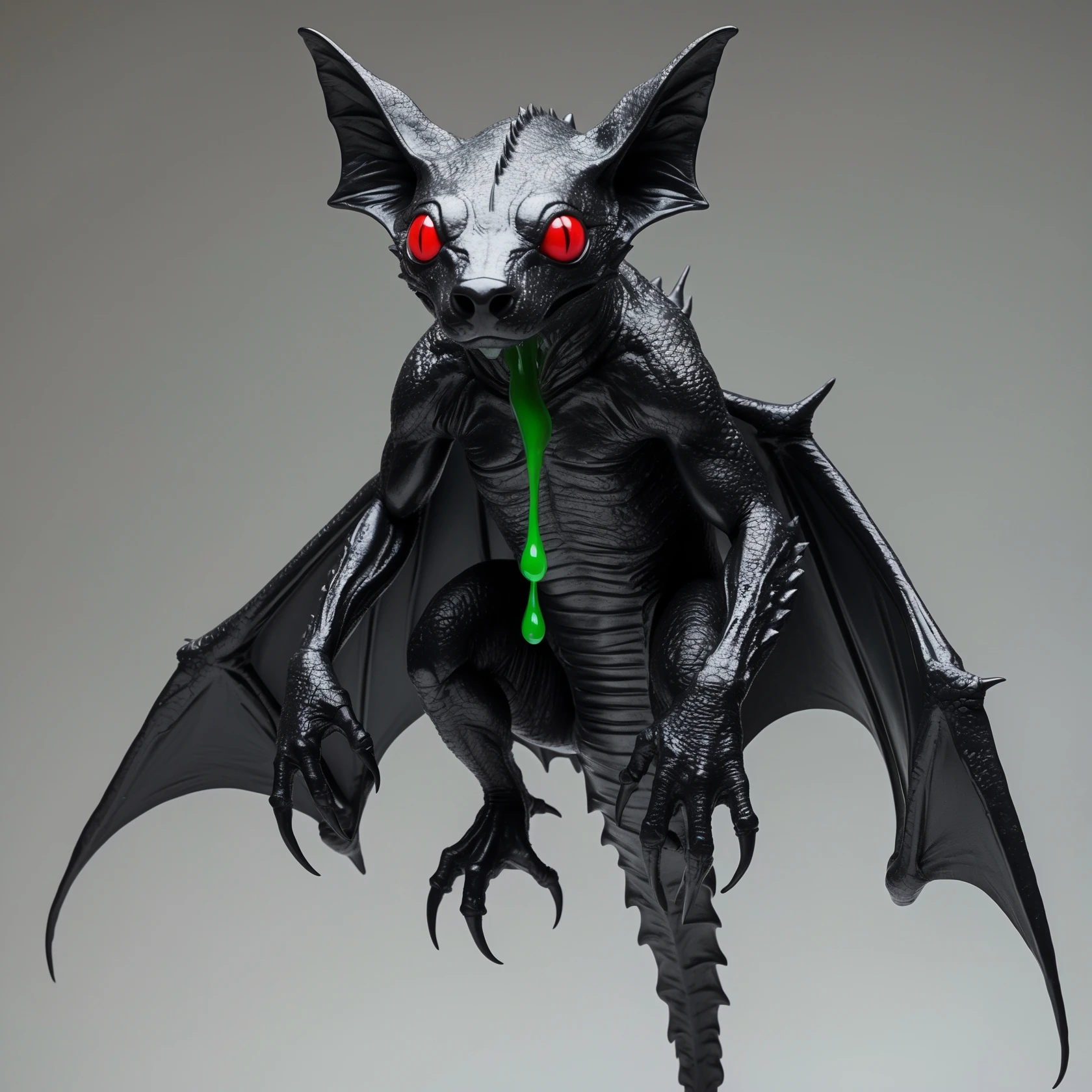 an all black reptilian bat-like creature. One cyclopian red eye in its face. no visible mouth or ears. 2 hind legs with claws. has a long tale with a stinger that drips green poison. no ears. no horns. no arms. visible bone-like stinger at end of tail emoji