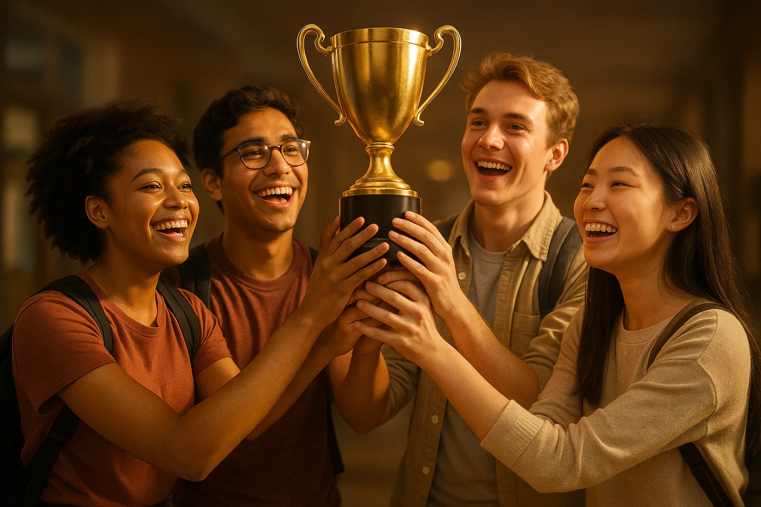 four diverse students in a warm atmosphere lifting a trophy, semi-realistic style, golden light, smiling faces, blurred background emoji