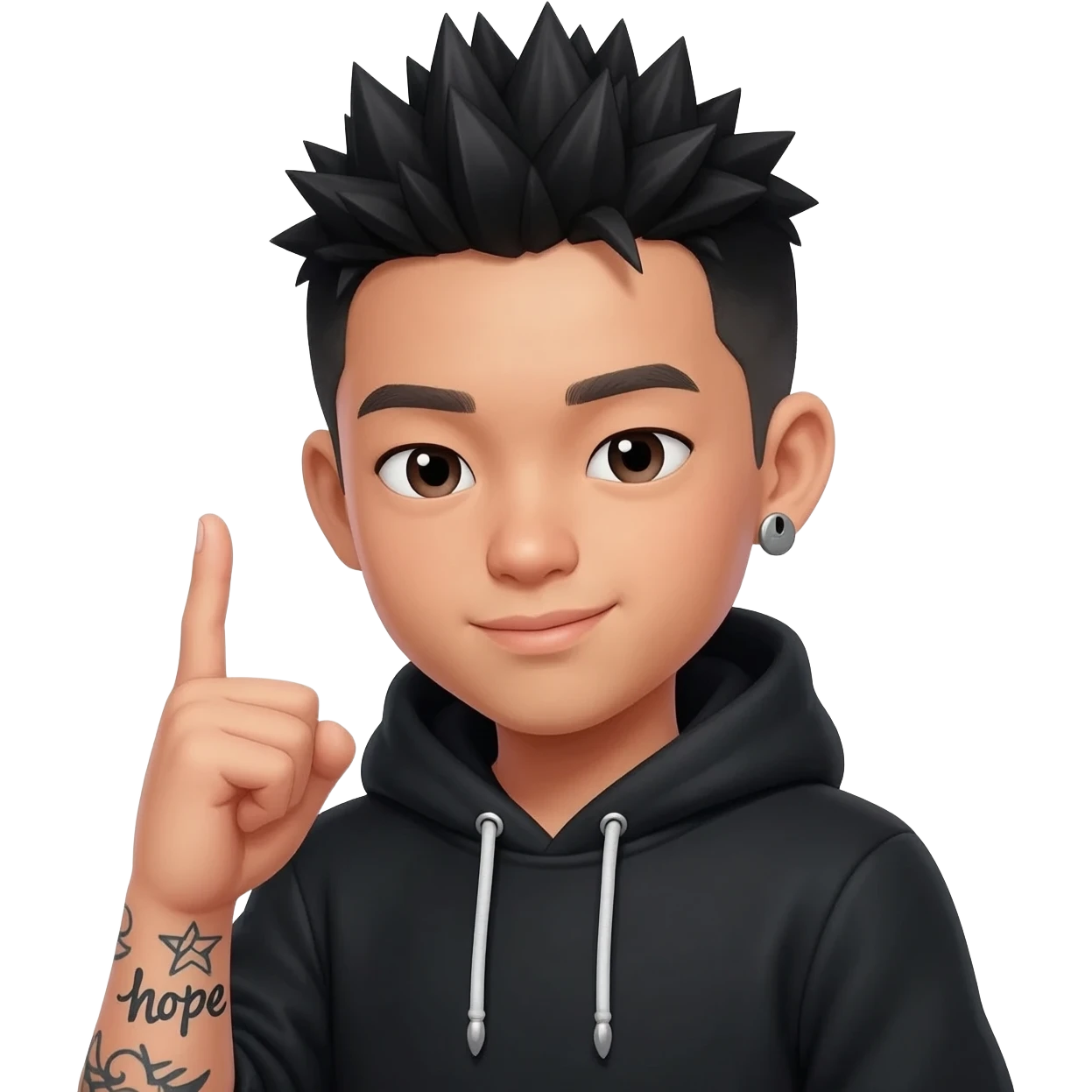 japan boy with spiky hair and black hoodie zip one-sided earrings tattoo with the word "hope". emoji
