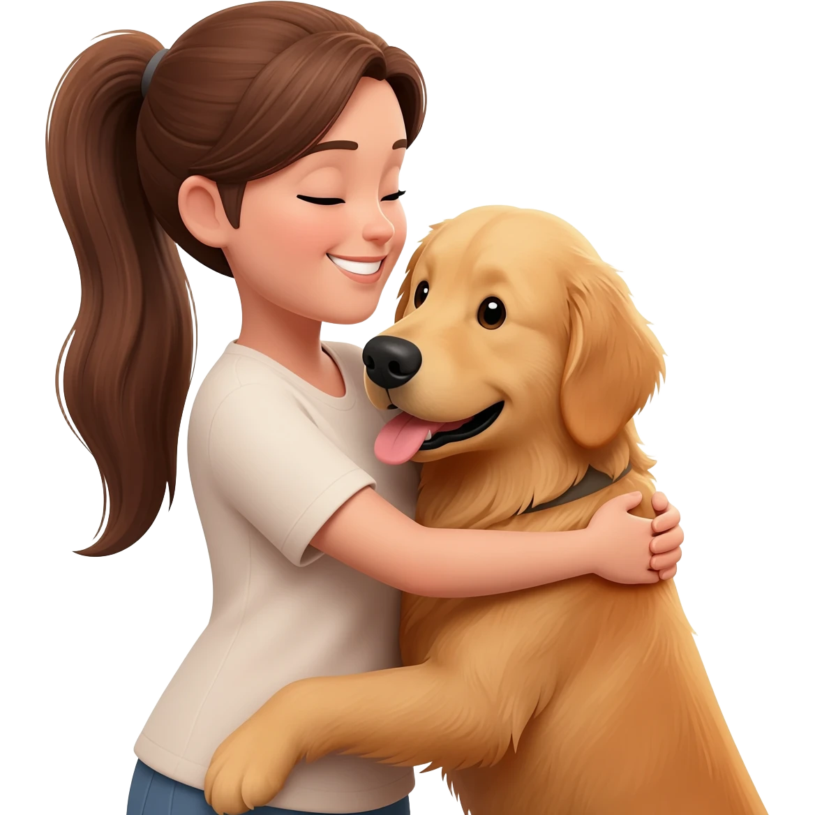woman using ponytail brownhair is hugging a golden retriever dog emoji