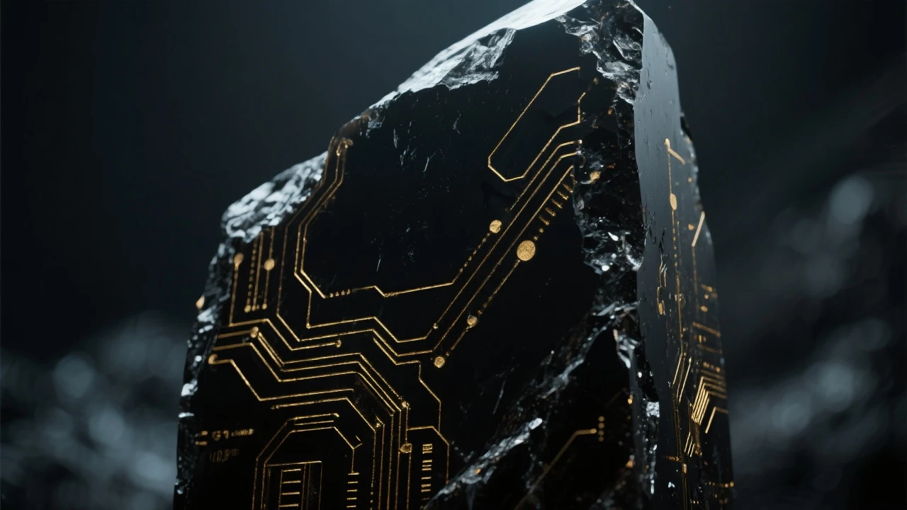 Closeup of black obsidian monolith with subtle gold technology etchings in moody, dark lighting. emoji