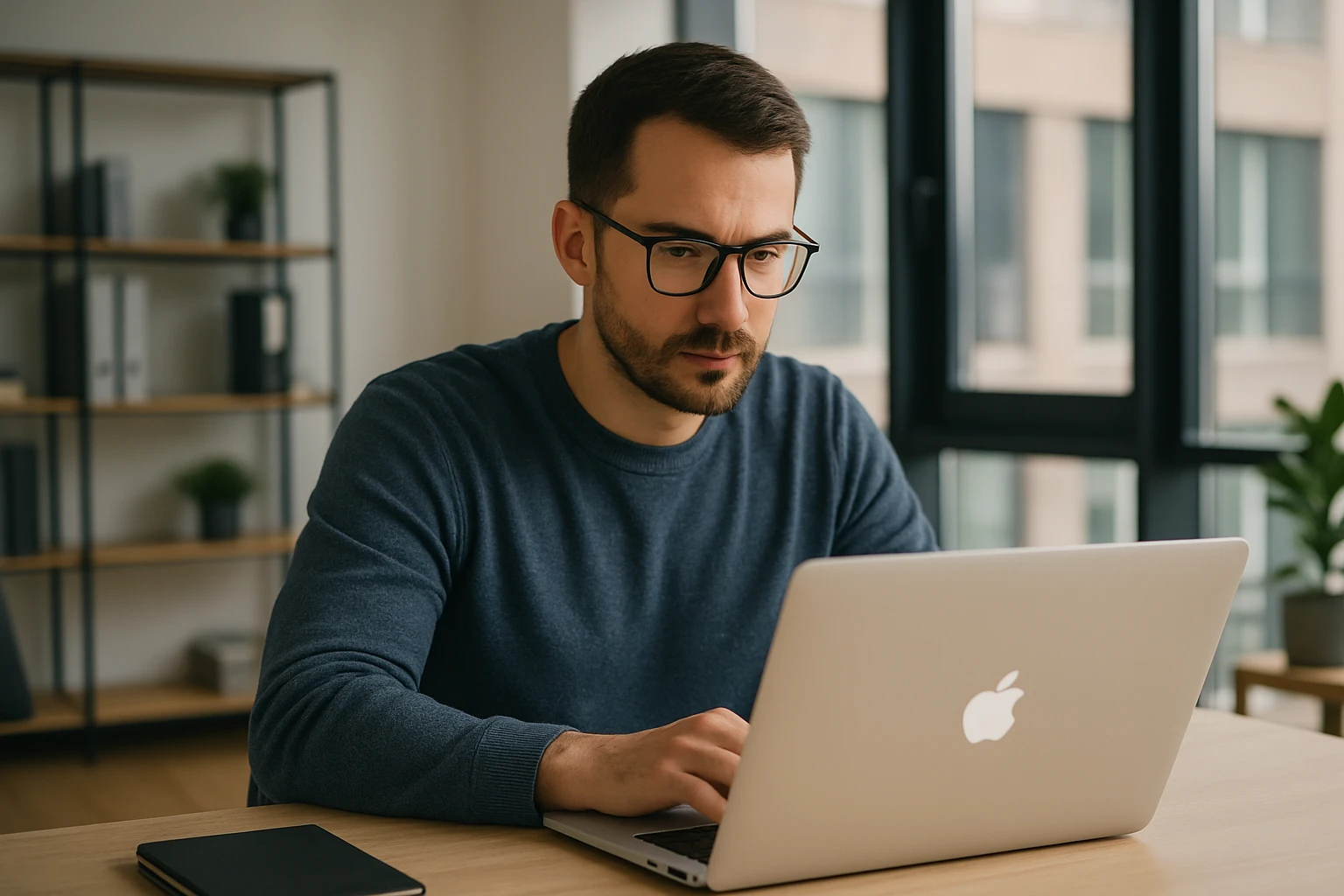 A man in glasses sitting at a desk with a MacBook, working emoji