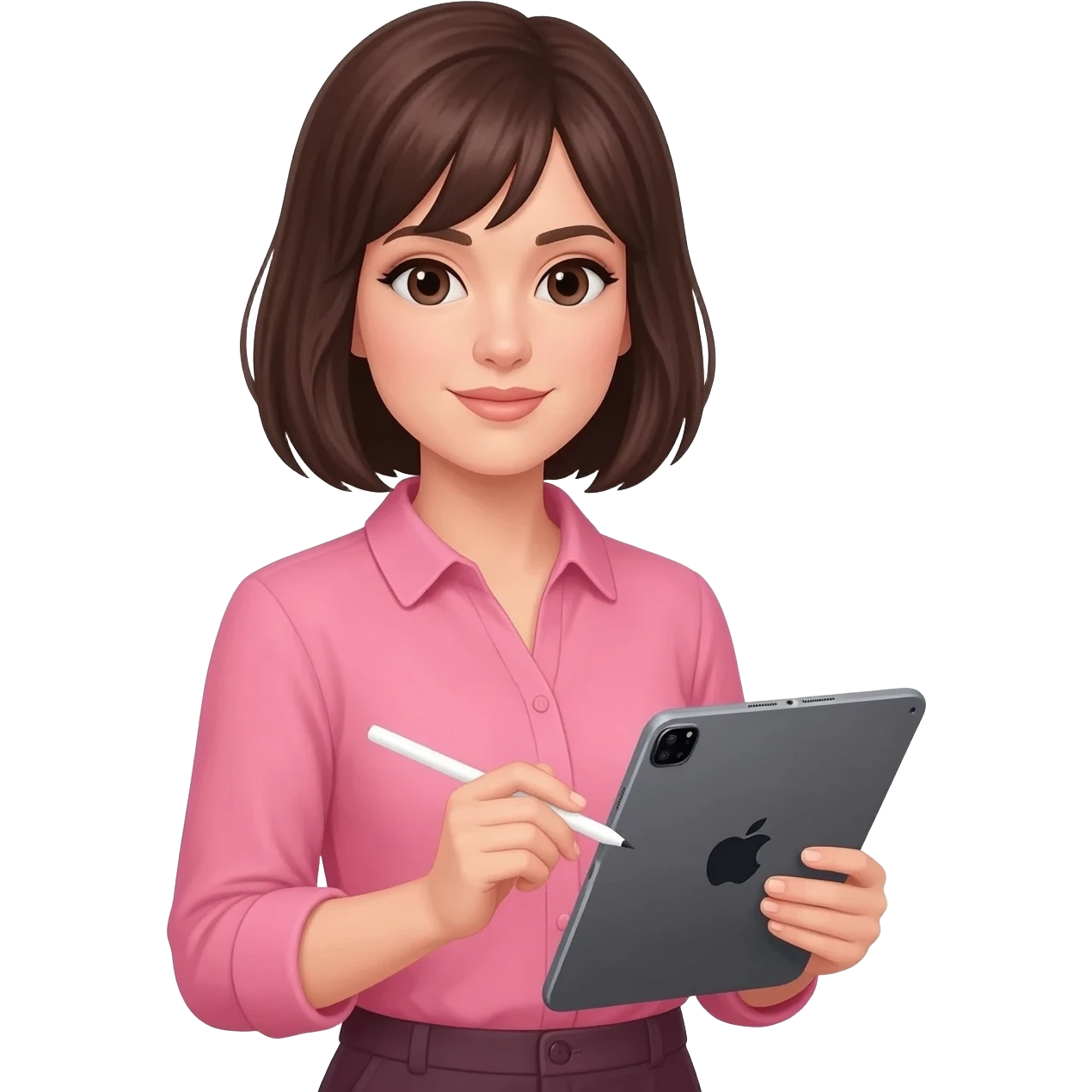 Brune aux cheveux court sans frange qui prend son temps tout doucement avec son grand iPad et un Apple Pencil. Vêtements rose emoji