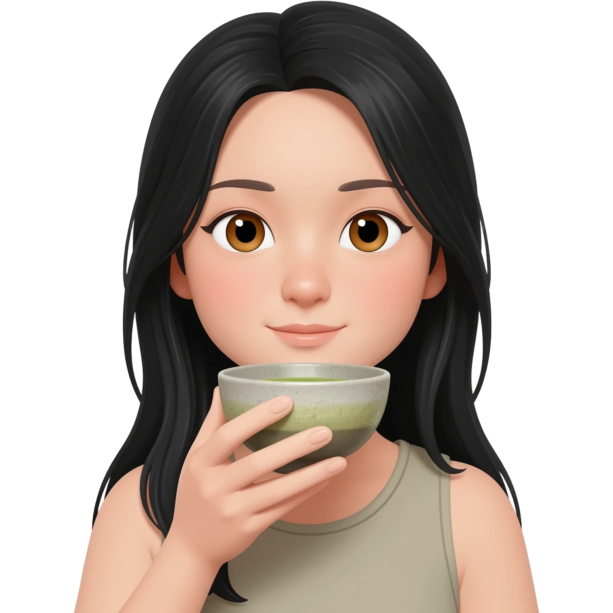 girl drink matcha black long hair hazel eyes emoji