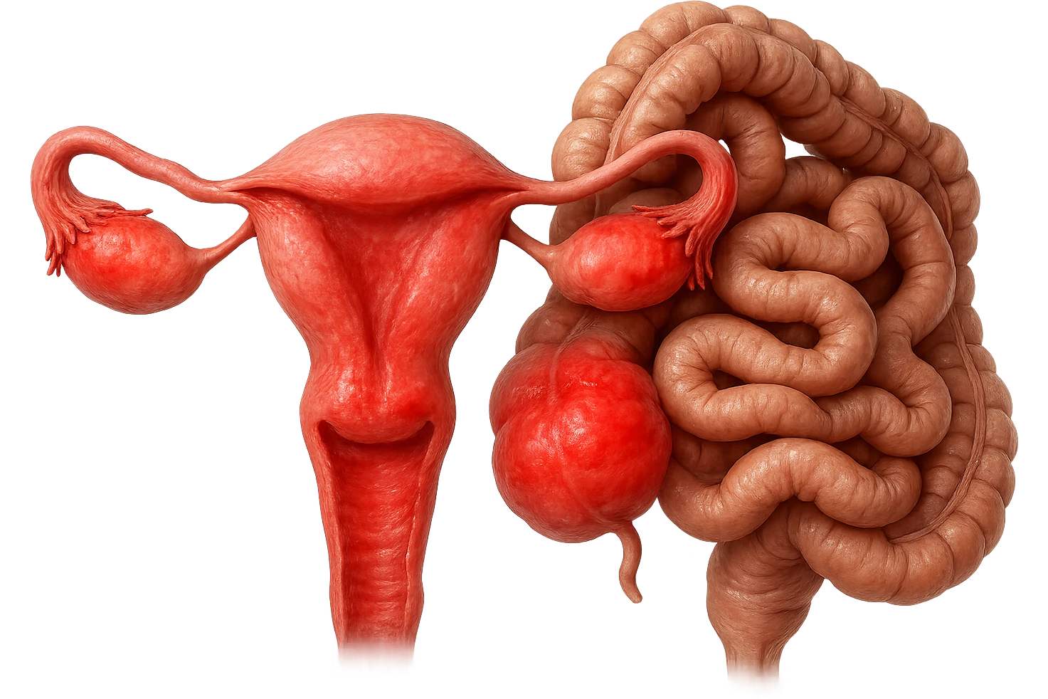 utero umano anatomico iperrealistico e intestino umano anatomico iperrealistico hanno in comune il dolore e l'infiammazione, rendi bene il collegamento tra i due organi doloranti, falla iperrealistica, non disegnata emoji
