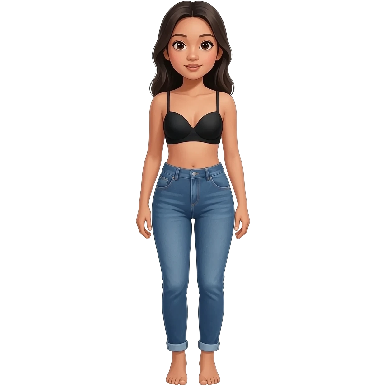 Filipino girl black bra strapless top and high waisted denim jeans  with feet stand straight body emoji