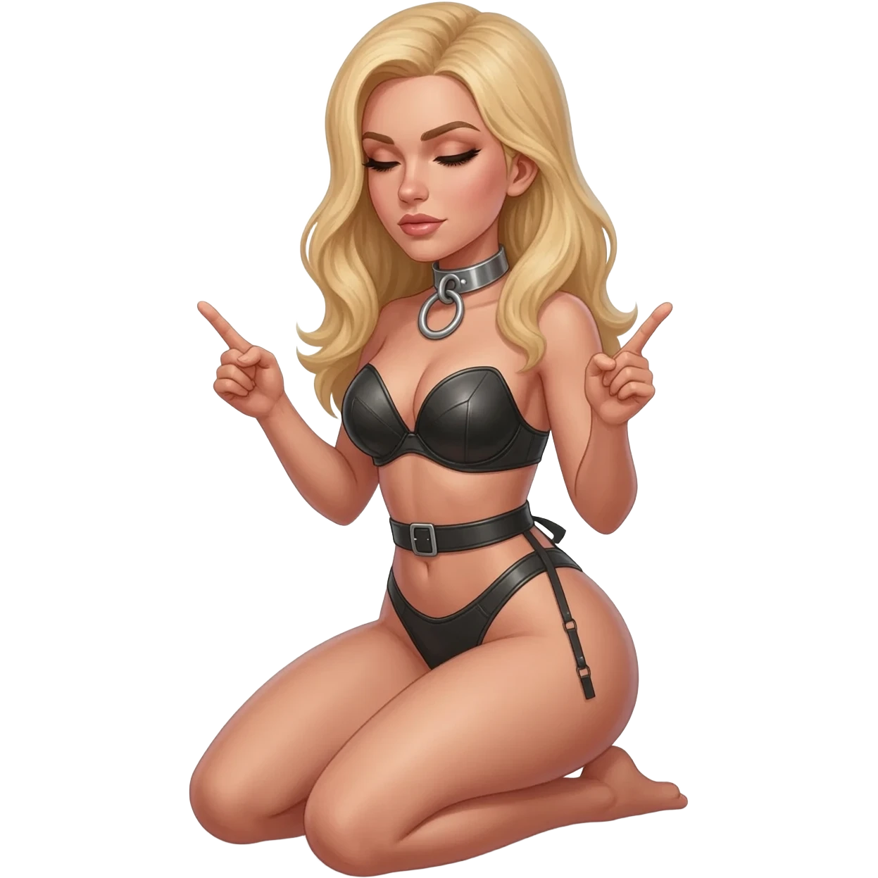 Blonde woman
Metal choker
Large O-ring
Leather lingerie
Sits on her knees
Hands open and pointing upwards
Eyes looking humbly downwards emoji