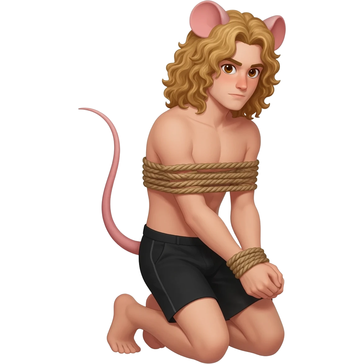 man with brown eyes, curly long blond hair. he has rat tail and rat ears. he dressed in black shorts. he is on his knees. her arms are tied up with ropes emoji