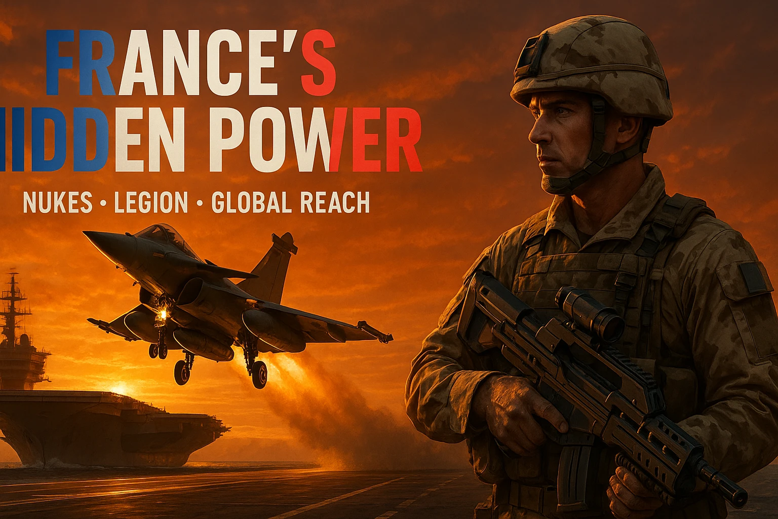 Epic 16:9 sunset: Rafale jet taking off from Charles de Gaulle carrier, orange sky. Foreground: French Foreign Legionnaire in desert camo with a sci-fi rifle. Bold French flag-colored headline: ‘FRANCE’S HIDDEN POWER’. Subtext: ‘Nukes • Legion • Global Reach’. 8K, dramatic lighting, cinematic and epic style. emoji