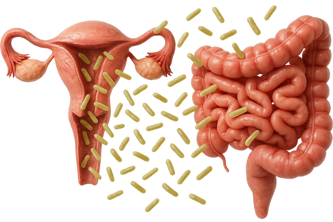UTERO UMANO E INTESTINO ANATOMICI REALISTICI SONO UNO ACCANTO ALL'ALTRO E SI PASSANO I BATTERI A VICENDA, CON BATTERI CHE ESCONO DALL'INTERNO, IPERREALISTICO 4K, NON DISEGNATO emoji