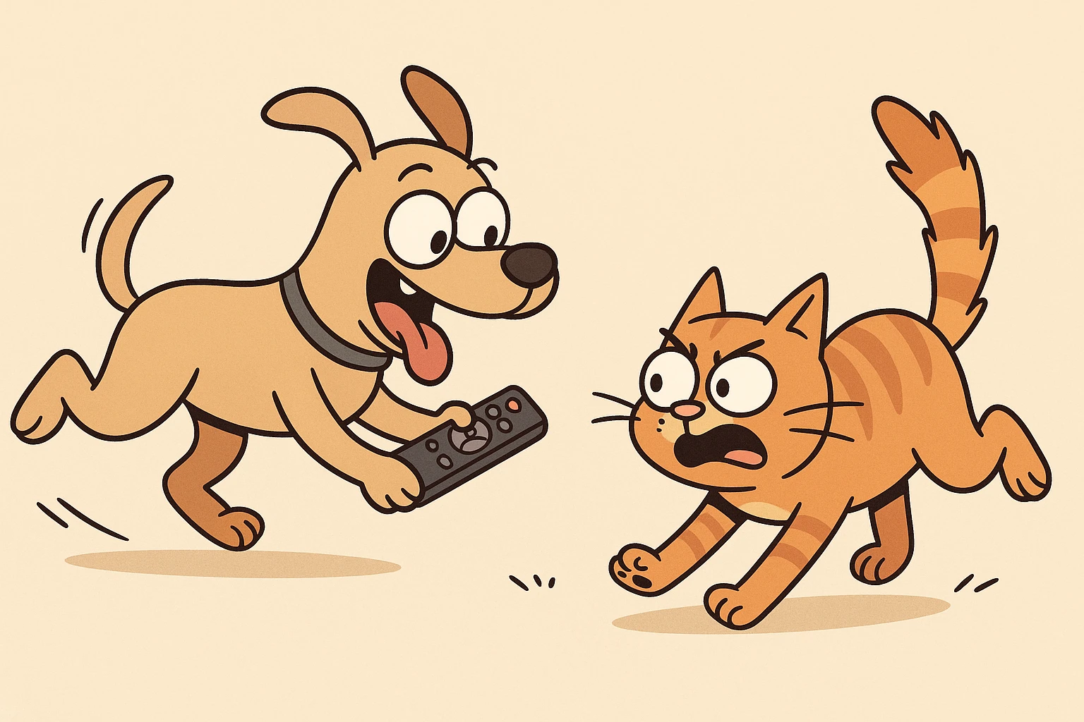 a cute dog with a TV remote, chasing a cat, lively and humorous, cartoon style emoji