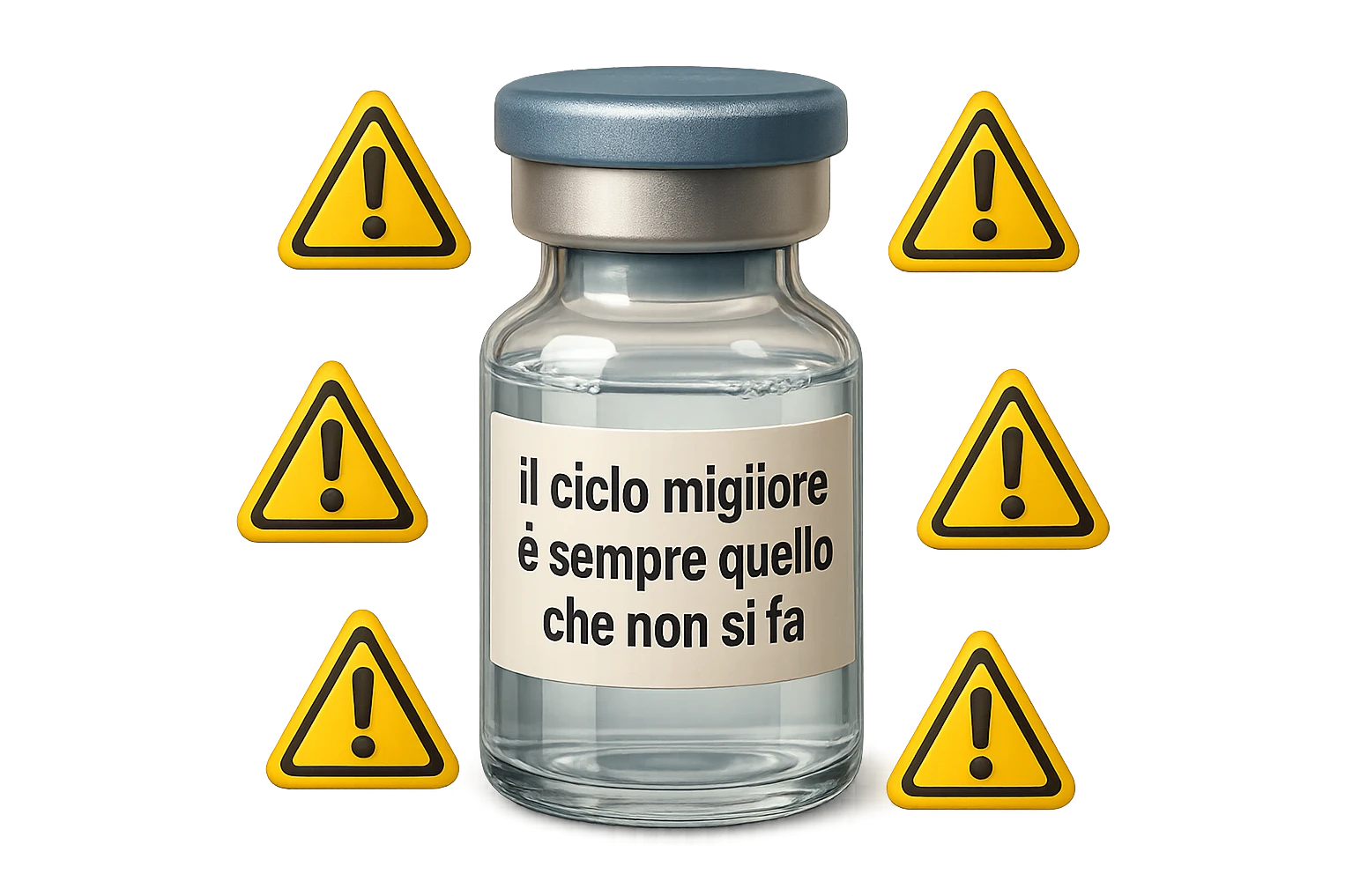 SU QUESTO STILE FAI UN EMOJI STILE IPHONE 3D DI UNa boccetta di fiala medica attorno alla quale fluttuano segnali di pericolo, sull'etichetta della boccetta c'è scritto "il ciclo migliore è sempre quello che non si fa", FALLO MOLTO REALISTICO IN 3D emoji