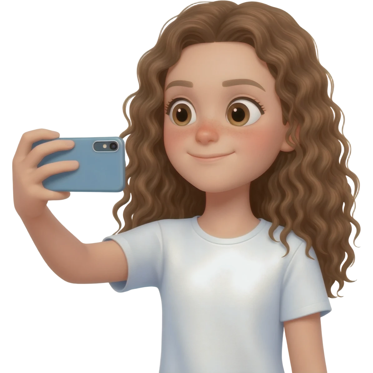 Menina branca,de olhos castanhos claros, com cabelos longos encaracolados gravando vídeo em um iPhone emoji