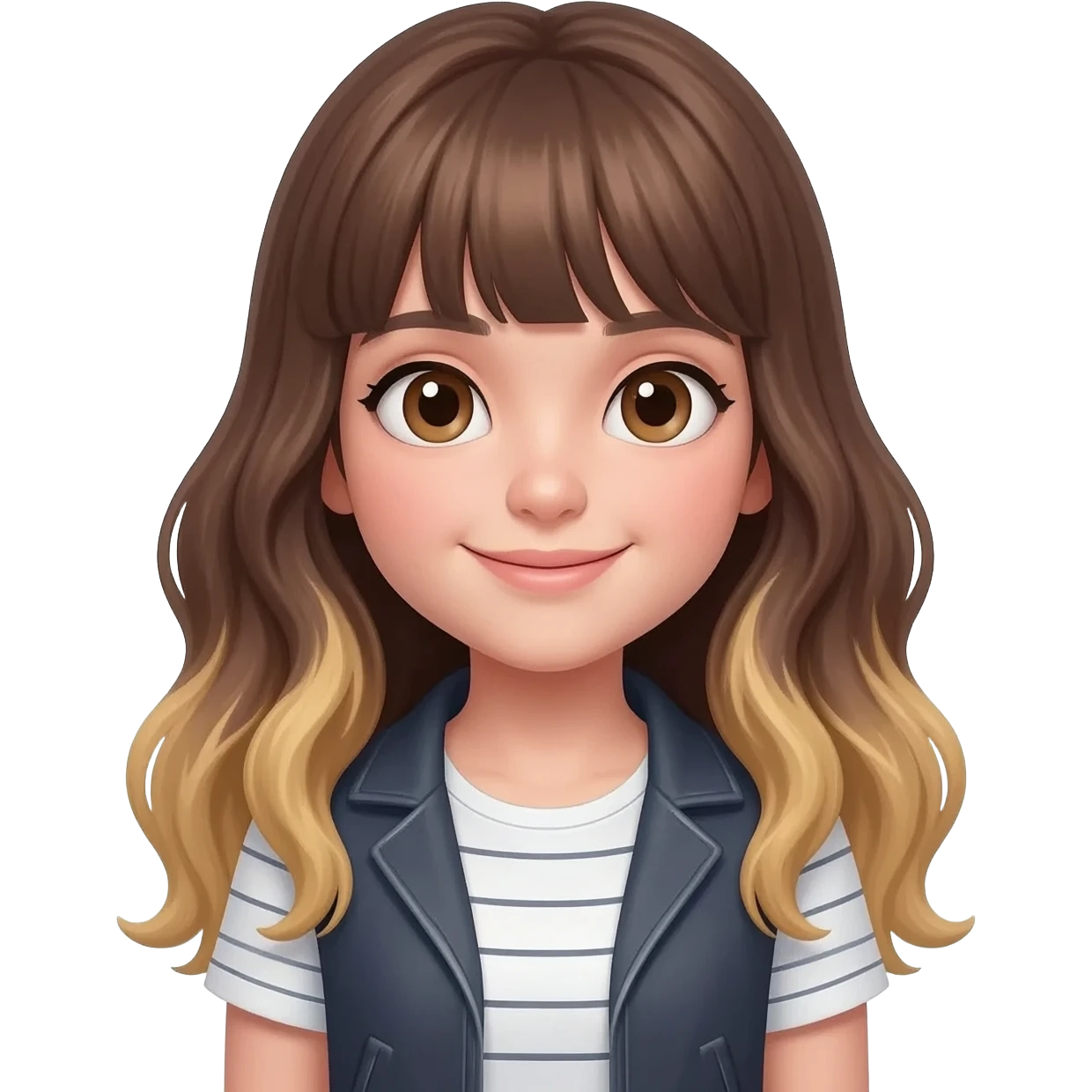a girl with long lenght brown wavy long hairs with bangs and blonde tones to the ends. big eyes and soft features and with t feaa sincere smile, and the head slightly to the side. outfit is white shirt with stripes and a jaket armless on the top emoji