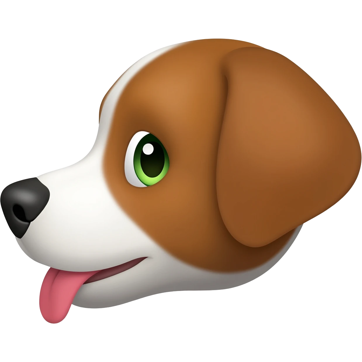 Crea un emoji de un perrito marrón con blanco con las orejas puntiagudas pero caídas y de ojos verdes sacando la lengua Hacia un lado emoji
