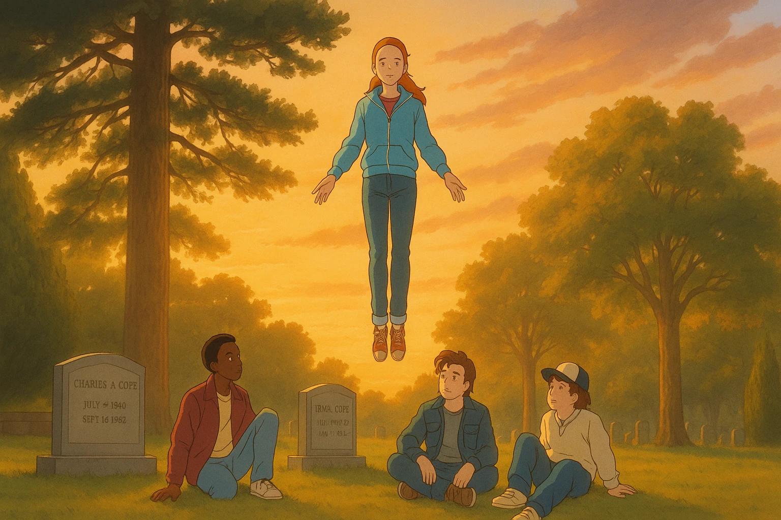 Max from Stranger Things levitating in the cemetery at sunset, warm golden light, with Lucas, Steve, and Dustin watching with concern. Ghibli style, wide aspect ratio (16:9), soft and emotional scene. Make Lucas, Steve, and Dustin visually recognizable with their signature hairstyles and outfits. emoji