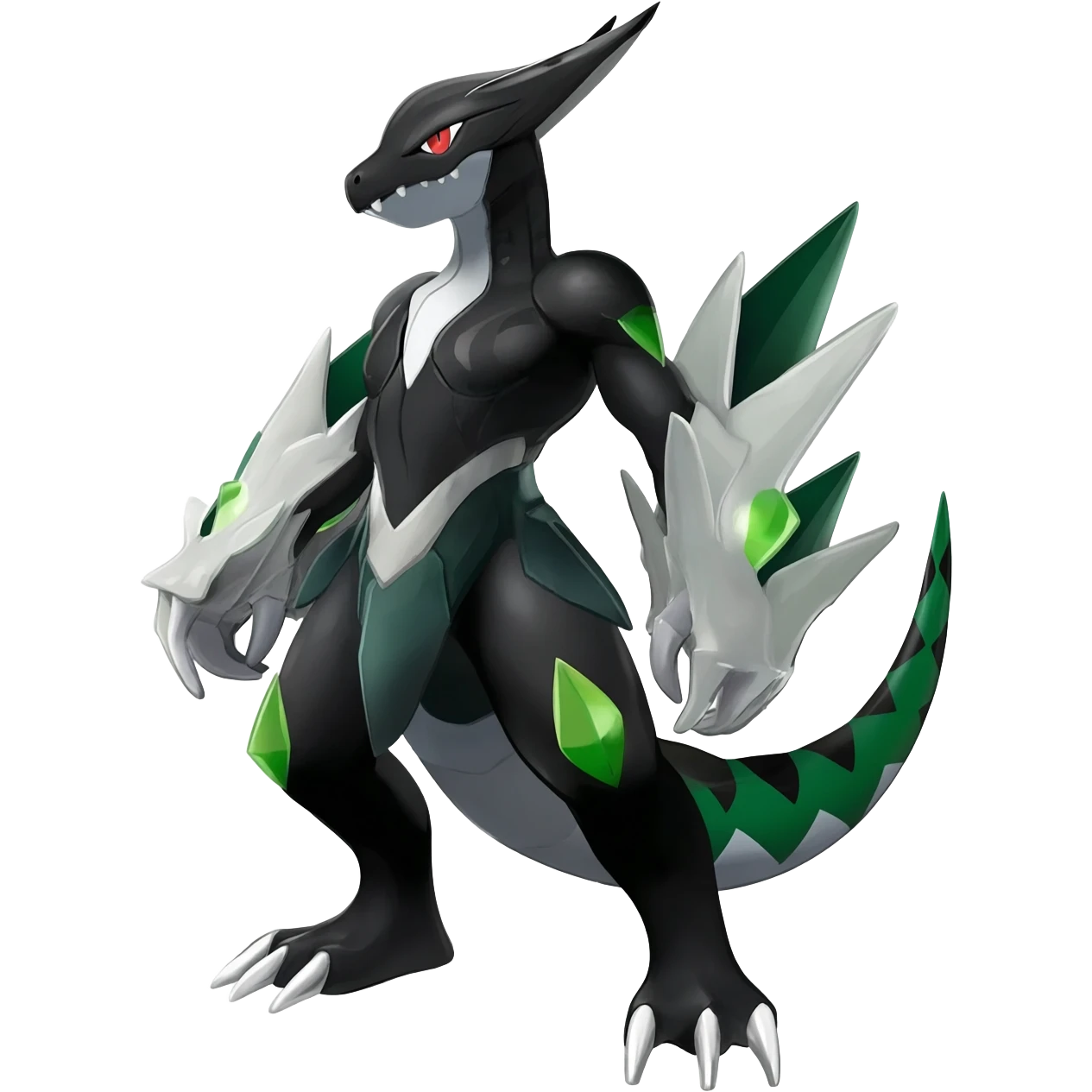 Shiny Black Grey White and Dark-Green Axew-Tyranitar-Larvitar-Flygon-Scyther-Pokémon-Fakémon-Digimon-fusion-creature, full body emoji