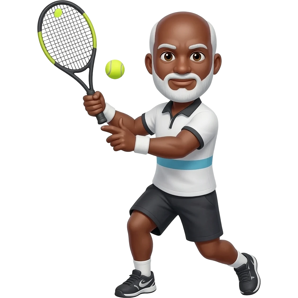 Right handed adult black male Tennis player bald male white short beard and mustache one demonstrating handed backhand emoji