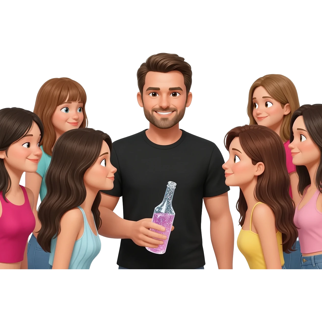 a man in black t-shirt held out his Cristal bottle to nearby pretty girls’ faces for them to drink from. emoji