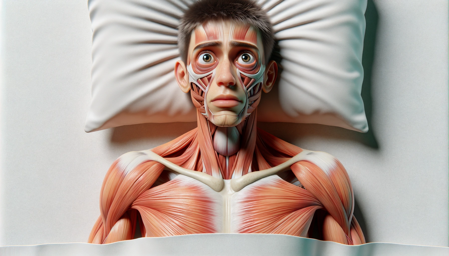 corpo umano anatomico con capelli corti che non riesce a dormire muscoli e organi in evidenza, sta nel letto con  gli occhi sbarrati e l'espressione nervosa, visto dall'alto, iperrealistica 4k, isolato su sfondo bianco emoji