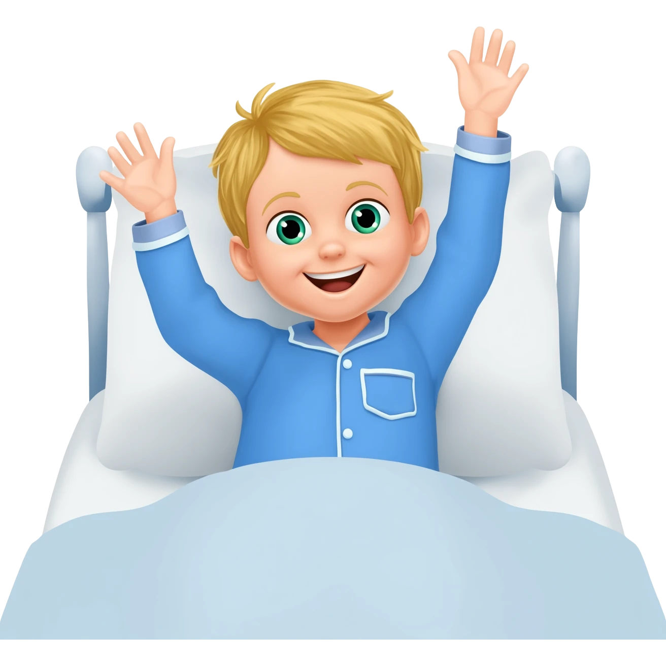 Use the same 3 year old blonde boy with green-blueish eyes, it should be the same boy as before  happy with plain blue pajamas raising both arms up, on the bed emoji