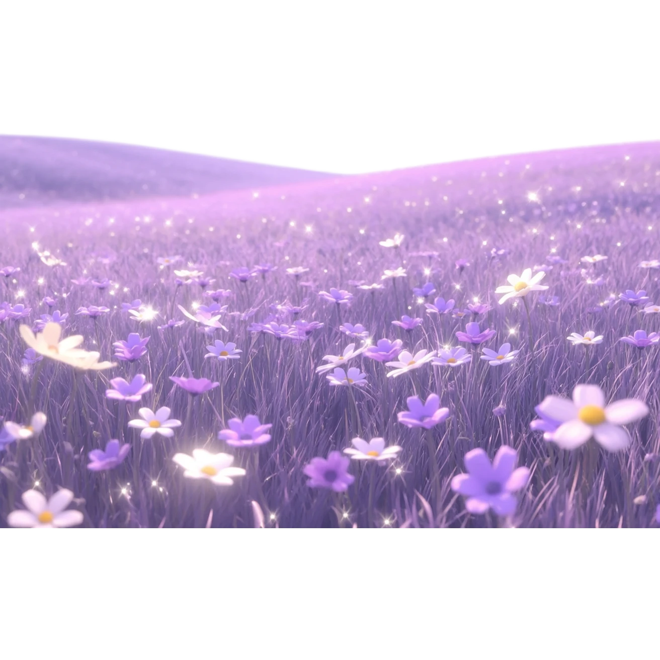 Shiny beautiful glossy purply pastel whitish light sparkly glittery sunny bright lavender lilac flower fields aesthetic scenery grass field cottagecore pastelcore lavendercore realistic real life landscape  emoji