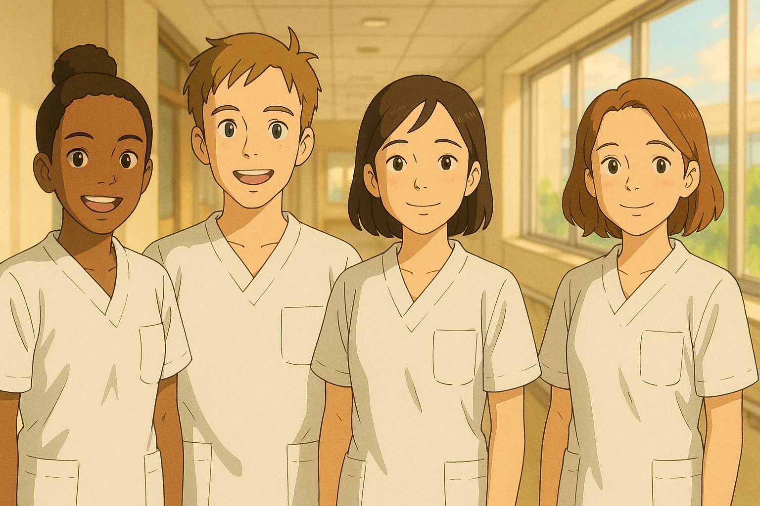 Group of four nursing students in Ghibli style, wearing white short-sleeved medical tunics with V-neck collars and left chest pockets, made of light fabrics. Warm atmosphere, bright hospital background, faces inspired by attached photos, no stethoscopes or visible underwear. emoji