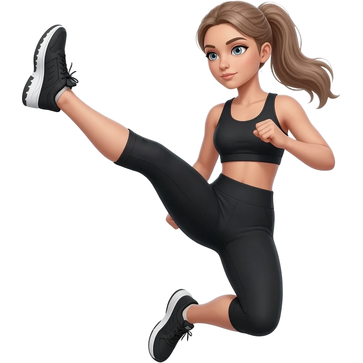 butt kicks, fair-skinned woman, light gray-blue eyes, ash brown brows, ash light brown hair tied back, slim athletic body, black workout set, black sneakers with white soles emoji