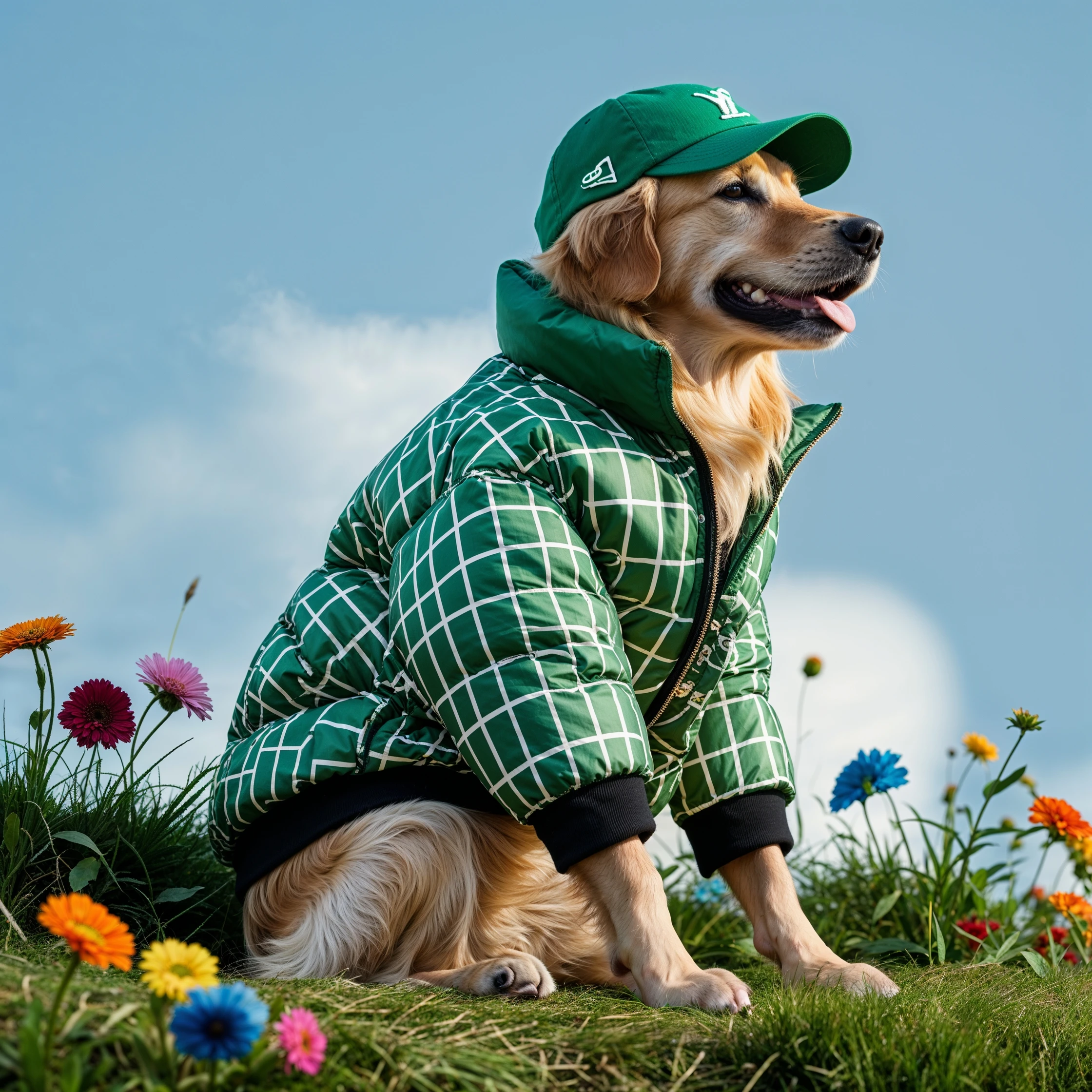Profile Medium shot, Photo of a happy golden retriver sitting, dress in abstract (green) grid puffer Louis Vuitton jacket, express body, soft light, golden retriver sitting on grass hill with colorfull flowers, green cap, blue minimalistic sky in background, studio emoji