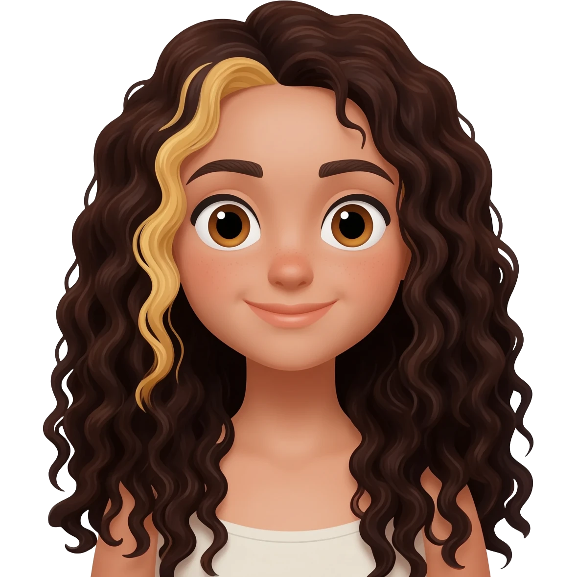 A girl with long dark brown curly hair blond streaks emoji