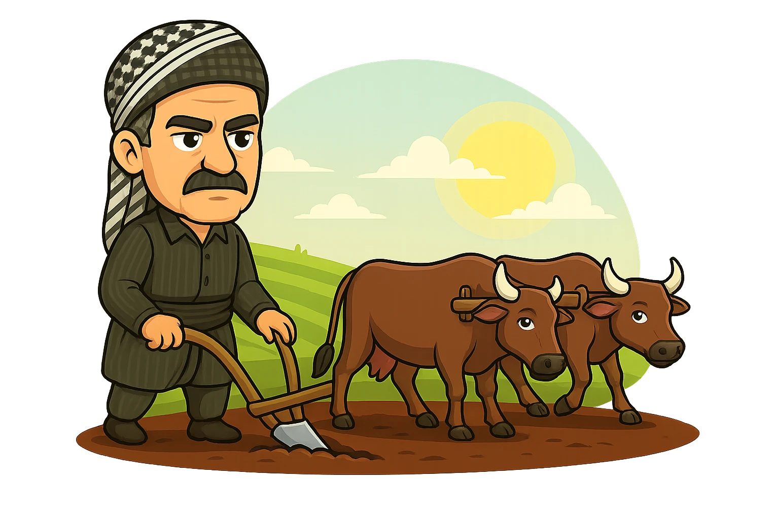Edit the cartoon sticker so that the man is wearing the same traditional Kurdish clothing as shown in the right-side character: dark striped jacket, shirt, sash, and patterned headscarf. Keep the rest of the sticker exactly the same with the same pose, cows, plow, and background. Maintain the vibrant and cheerful style with a transparent background. emoji