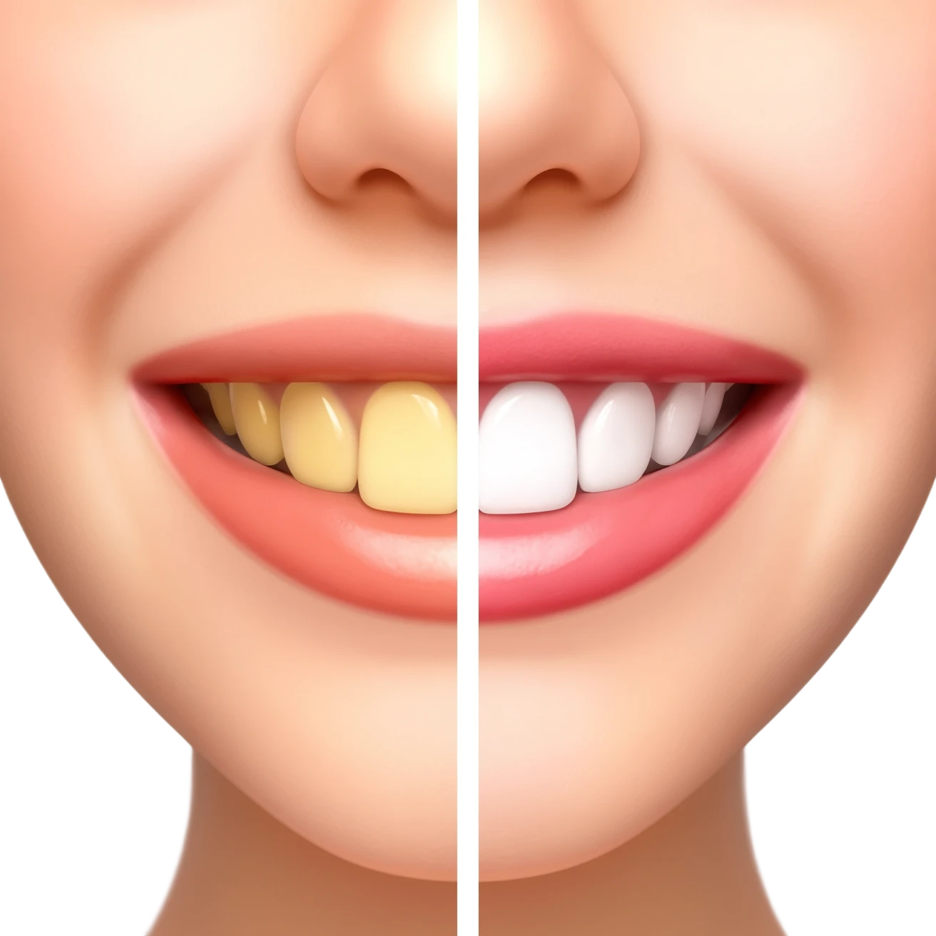 Split-screen close-up of a smile showing before and after teeth whitening, left side slightly yellow teeth, right side bright white teeth, glossy lips, soft studio lighting, high detail, dental cosmetic comparison, realistic, sharp focus. emoji