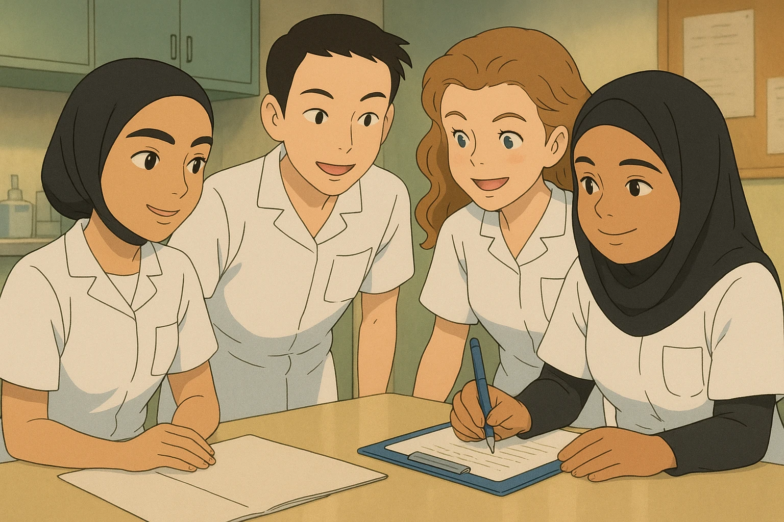 Four nursing students inspired by the four provided faces, collaborating in a care station, in Ghibli style. They wear short-sleeved white uniforms, medical tunics with V-neck and left chest pocket, no stethoscopes or clothing extending beyond sleeves. They share a moment of professional complicity, positive and caring atmosphere. emoji