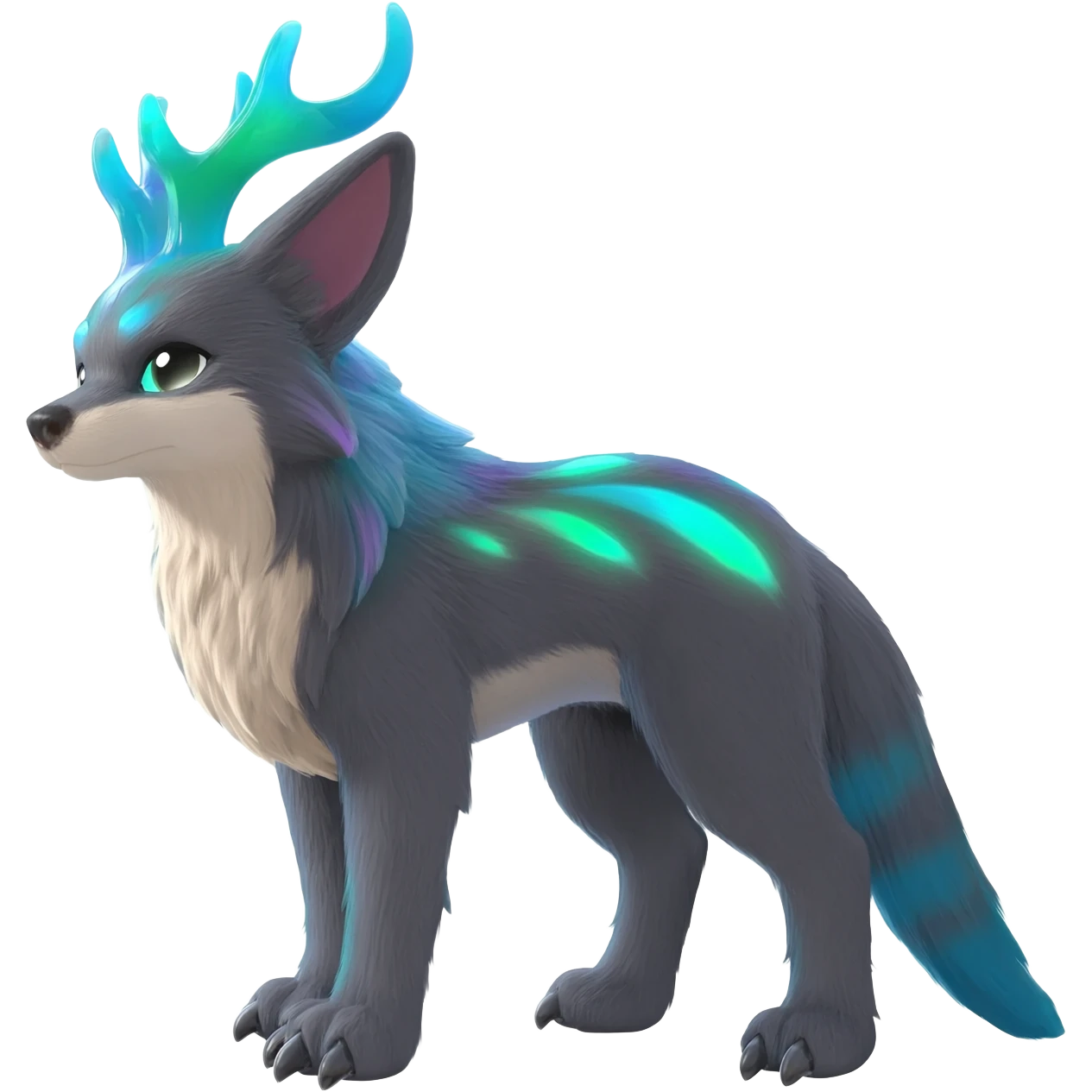 Realistic sharpColorful translucent glowing Trico-Sergal-Furret-Ferret-Wolverine-Vernid-furry-fursona-fusion-Fakemon-animal-hybrid-creature, full body emoji