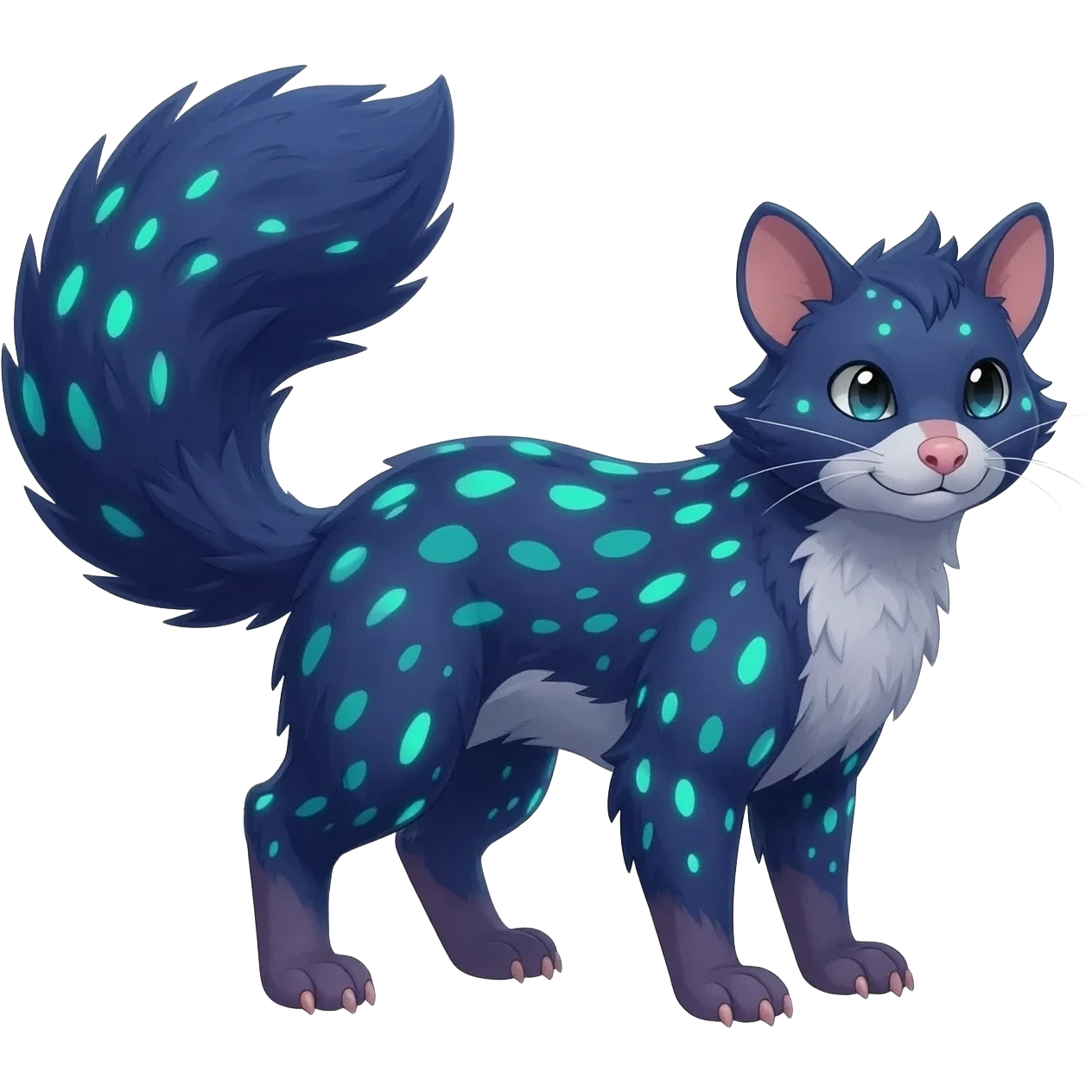 Hyper realistic  indigo fur seeded with bioluminescent speckles beautiful elegant pretty precious cute  Fakémon-Pokémon-opossum-feline-serval-caracal-chinchilla-Furret-Minccino-hybrid-creature with a big fluffy bushy tail (full body) emoji