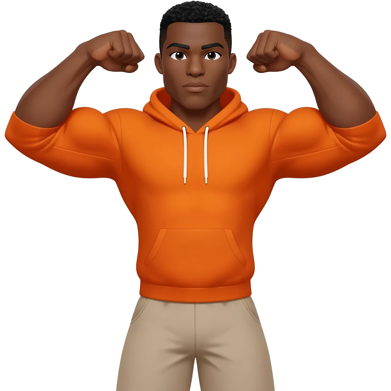 Black male look superstrong and big arms orange hoodie and beige short and black hair full body emoji