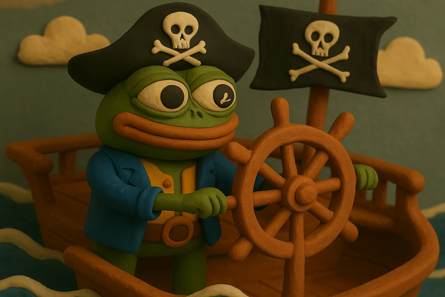Ensure the exact skull and crossbones is clearly visible on both the pirate flag and the pirate hat in the claymation style image of Pirate Pepe the Frog at the helm of a pirate ship, waves and sky. emoji
