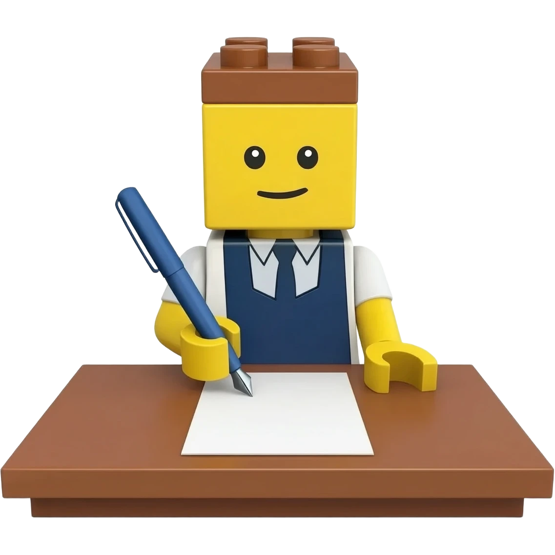 a lego caracter writing with a pen and a sheet of paper emoji
